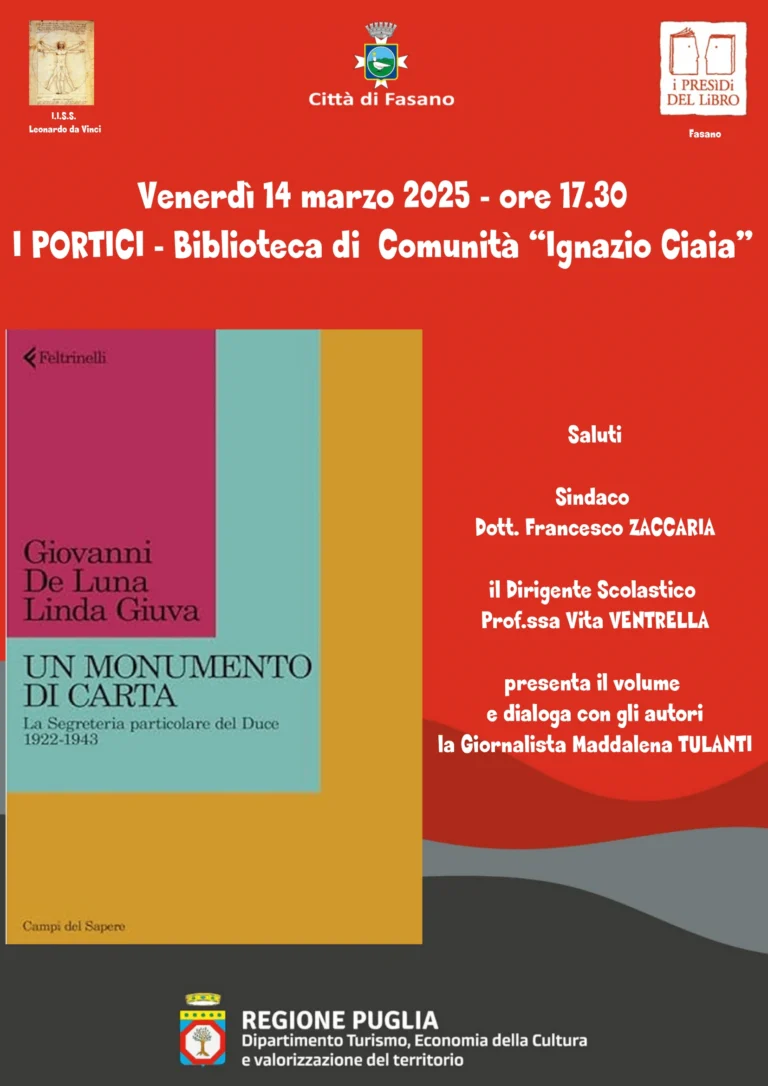 Presentazione libro – “Un monumento di carta – La Segreteria particolare del Duce 1922-1943” Presentazione libro - "Un monumento di carta - La Segreteria particolare del Duce 1922-1943" - Osservatorio Fasano