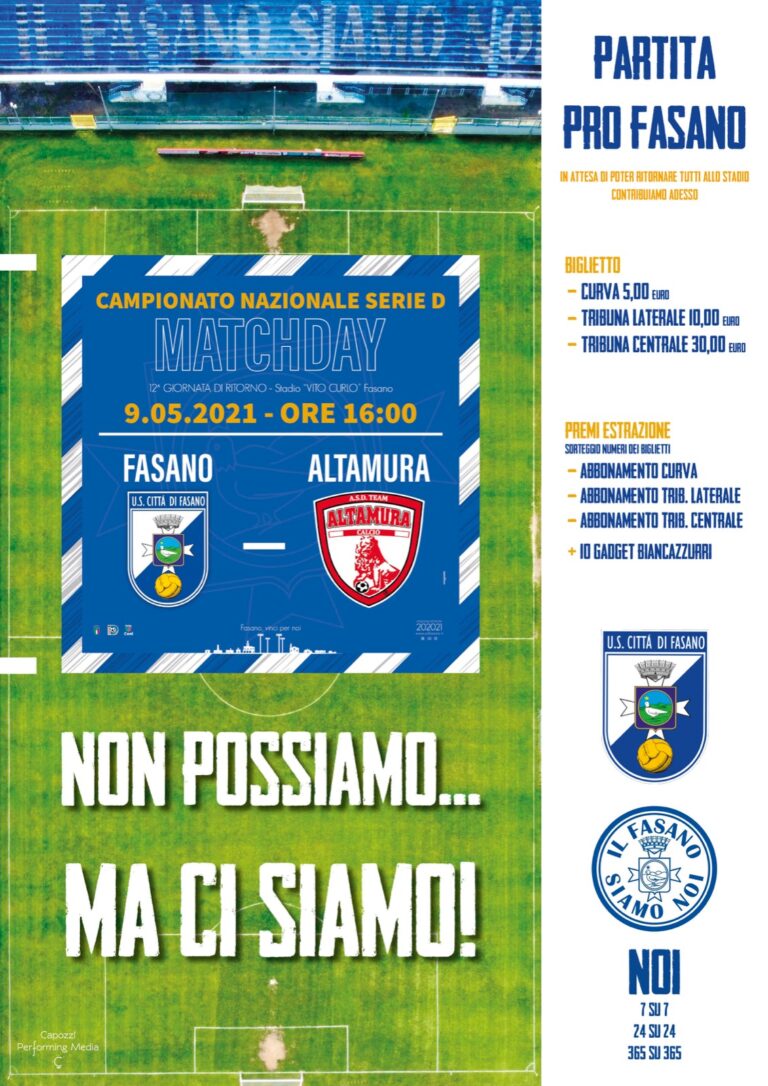 ‘Non possiamo…Ma ci siamo!’: Il 9 maggio la Giornata Pro-Fasano 'Non possiamo…Ma ci siamo!': Il 9 maggio la Giornata Pro-Fasano - Osservatorio Fasano