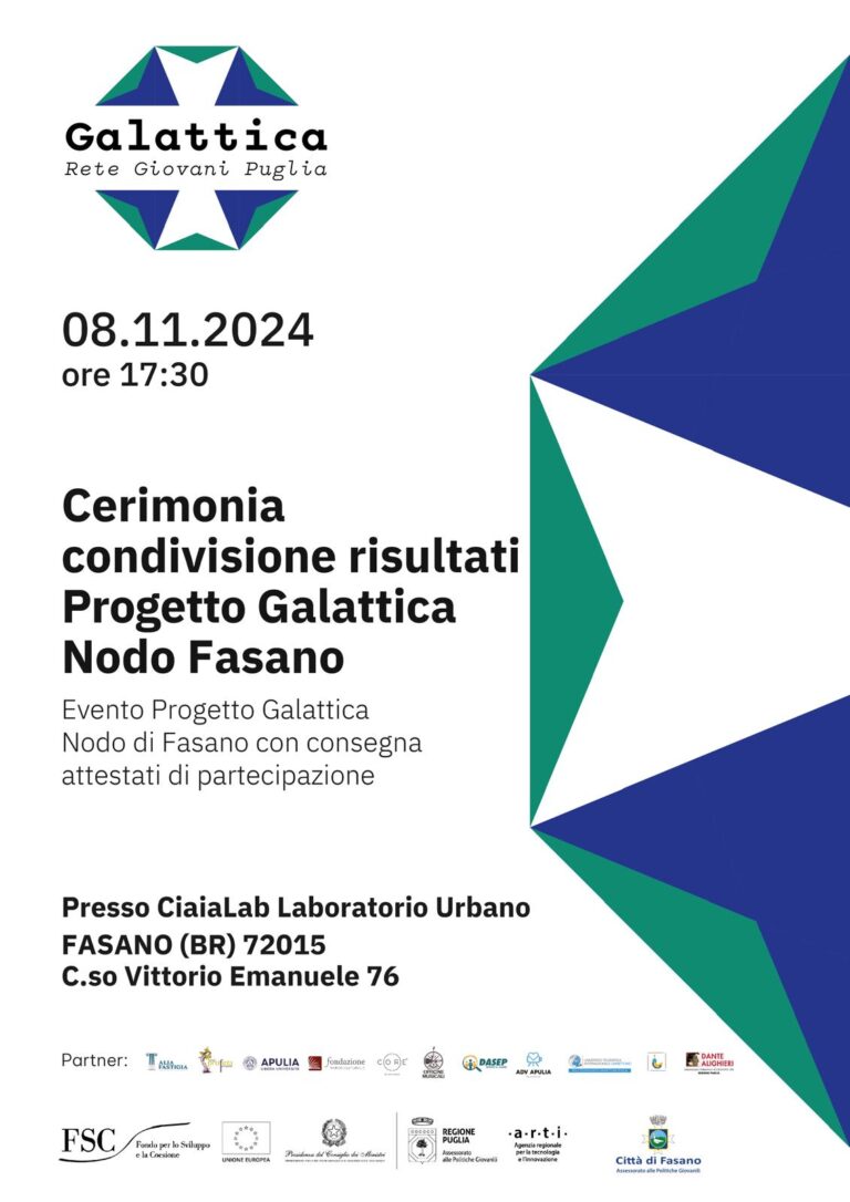 Politiche Giovanili, cerimonia di condivisione dei primi risultati del progetto “Galattica” Politiche Giovanili, cerimonia di condivisione dei primi risultati del progetto “Galattica” - Osservatorio Fasano