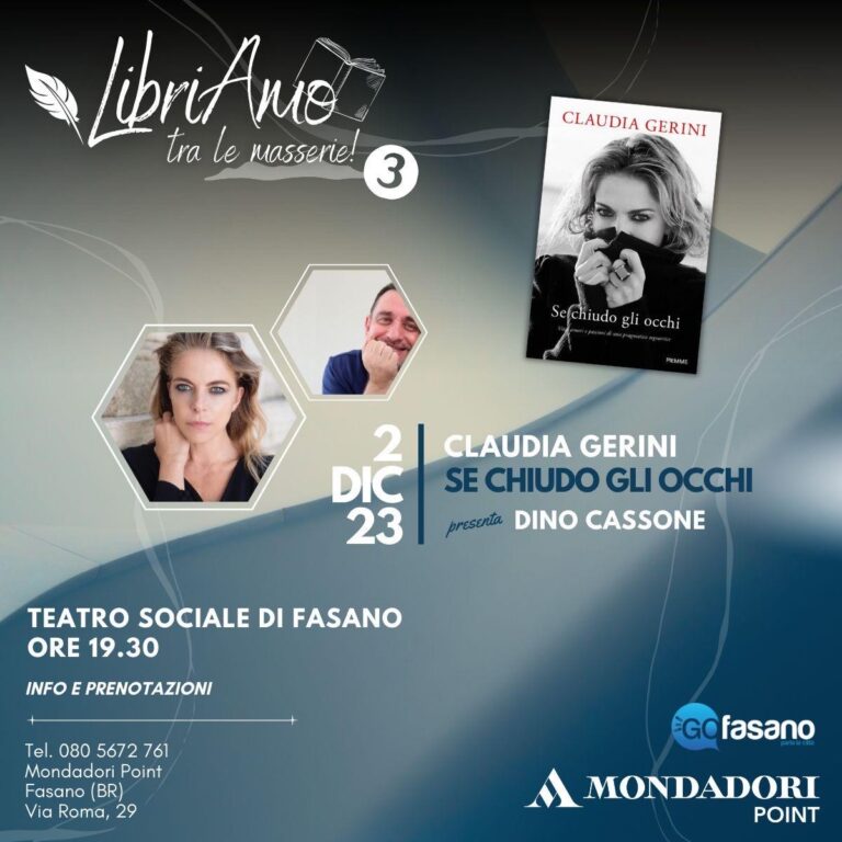 “LibriAmo…tra le Masserie”, al Teatro Sociale Claudia Gerini e Dino Cassone presentano “Se chiudo gli occhi” - Osservatorio Fasano