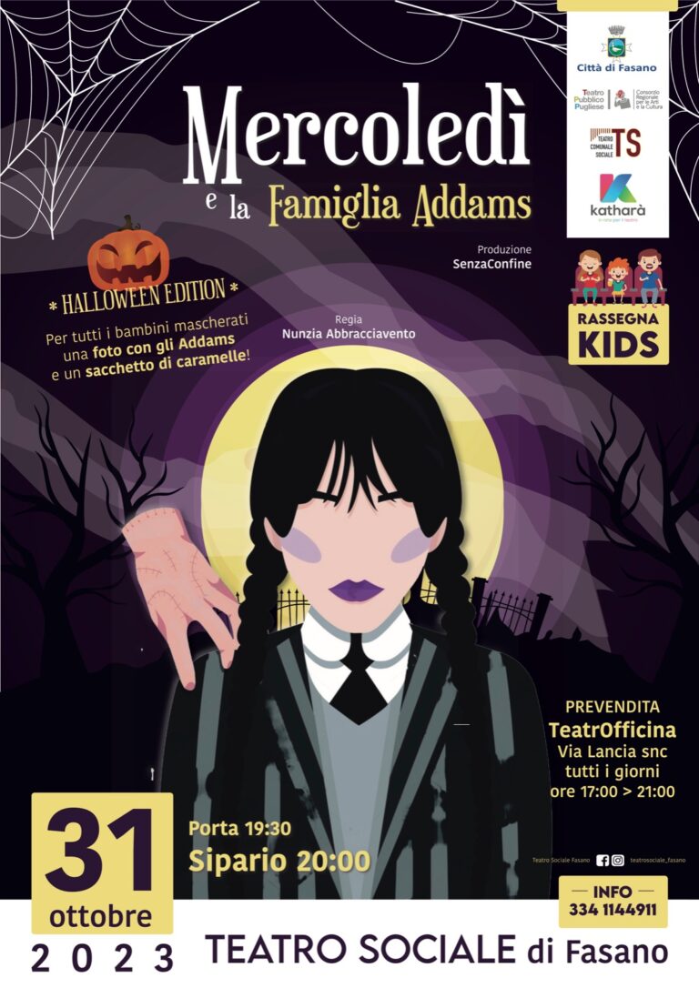 Rassegna Kids “Halloween edition”, una serata da brividi con «Mercoledì e la famiglia Addams» Rassegna Kids “Halloween edition”, una serata da brividi con «Mercoledì e la famiglia Addams» - Osservatorio Fasano