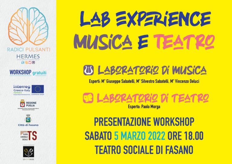 Progetto «Hermes», sabato 5 marzo la presentazione del workshop «Lab Experience Musica e Teatro» - Osservatorio Fasano