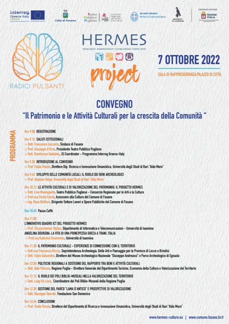 «Hermes festival-Radici pulsanti», convegno e presentazione dei workshop del programma Interreg V/A Grecia-Italia 2014-2020 «Hermes festival-Radici pulsanti», convegno e presentazione dei workshop del programma Interreg V/A Grecia-Italia 2014-2020 - Osservatorio Fasano