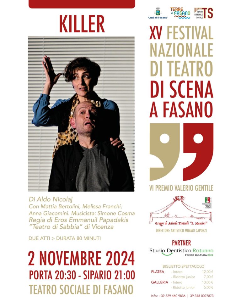 XV Festival “Di scena a Fasano”, arriva la commedia a tinte gialle “Killer” XV Festival “Di scena a Fasano”, arriva la commedia a tinte gialle “Killer” - Osservatorio Fasano