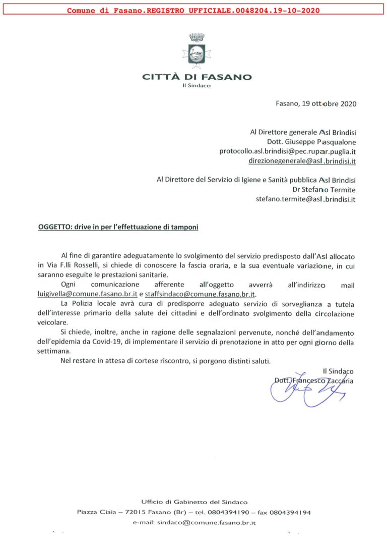 Il Sindaco Zaccaria scrive alla ASL per evitare che si ripetano le problematiche odierne - Osservatorio Fasano