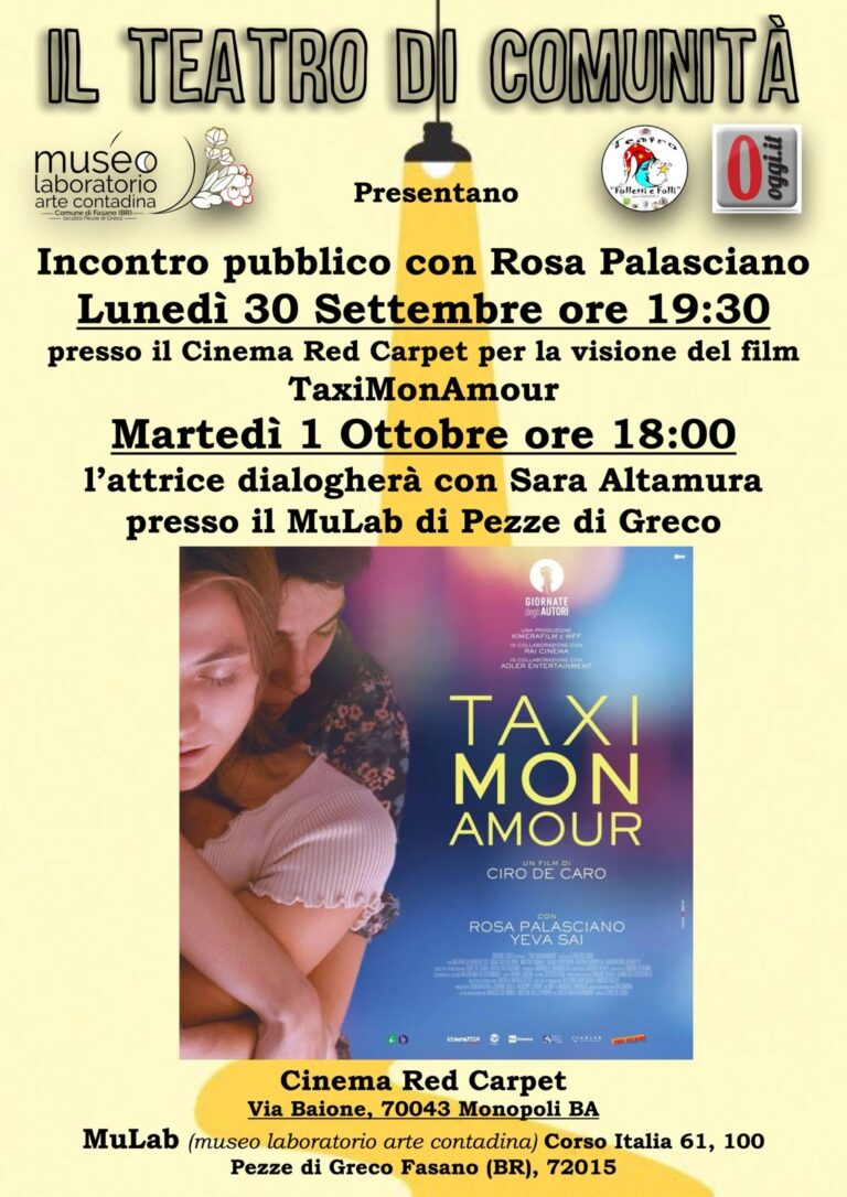 “Taxi Mon Amour”: rinviato a domani 1° ottobre l’incontro con Rosa Palasciano al MuLab - Osservatorio Fasano
