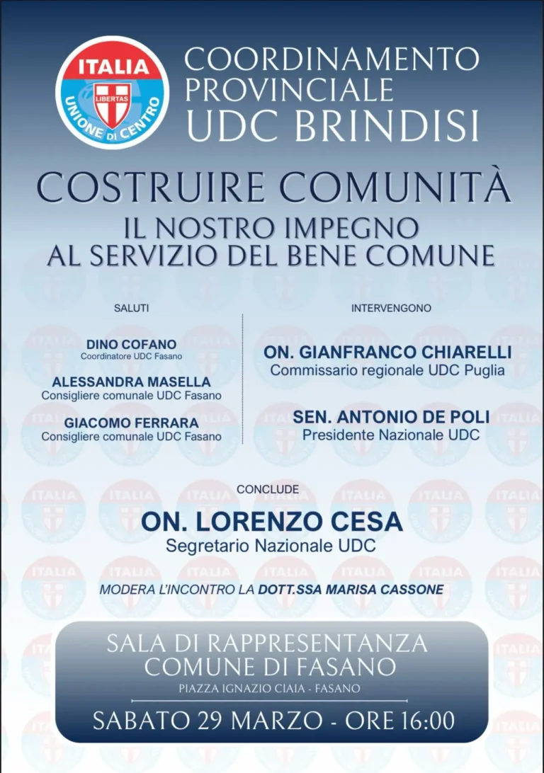 Udc Brindisi: “Costruire comunità. Il nostro impegno al servizio del bene comune” - Osservatorio Fasano