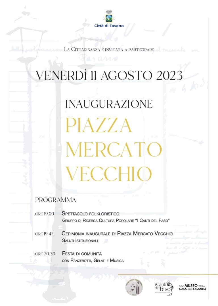 L’11 agosto la cerimonia di inaugurazione Piazza Mercato Vecchio L'11 agosto la cerimonia di inaugurazione Piazza Mercato Vecchio - Osservatorio Fasano