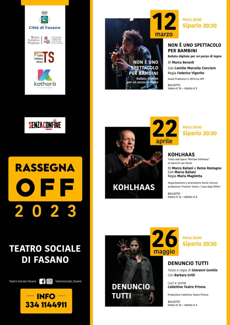 Rassegna Off, tre spettacoli di teatro d’avanguardia in scena al Teatro Sociale di Fasano - Osservatorio Fasano