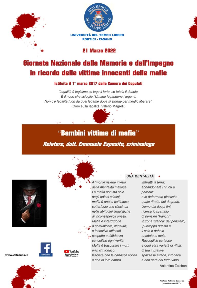 L’Università del Tempo Libero celebra online l’arrivo della primavera con la Legalità e la Poesia della Pace L'Università del Tempo Libero celebra online l'arrivo della primavera con la Legalità e la Poesia della Pace - Osservatorio Fasano