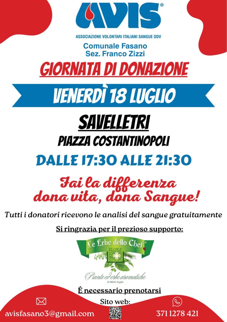 Doppio appuntamento per la donazione del sangue a Fasano: 18 e 26 Luglio Doppio appuntamento per la donazione del sangue a Fasano: 18 e 26 Luglio - Osservatorio Fasano