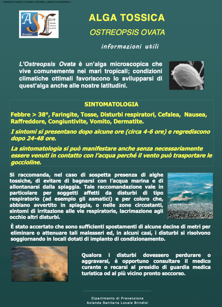 L’Arpa Puglia comunica la presenza di Ostreopsis ovata (alga tossica) nelle acque del litorale di Forcatella e Torre Canne - Osservatorio Fasano