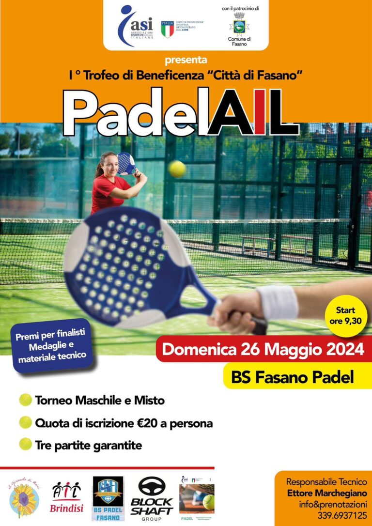PadelAIL: al via la prima edizione del trofeo di beneficenza “Città di Fasano” PadelAIL: al via la prima edizione del trofeo di beneficenza “Città di Fasano” - Osservatorio Fasano