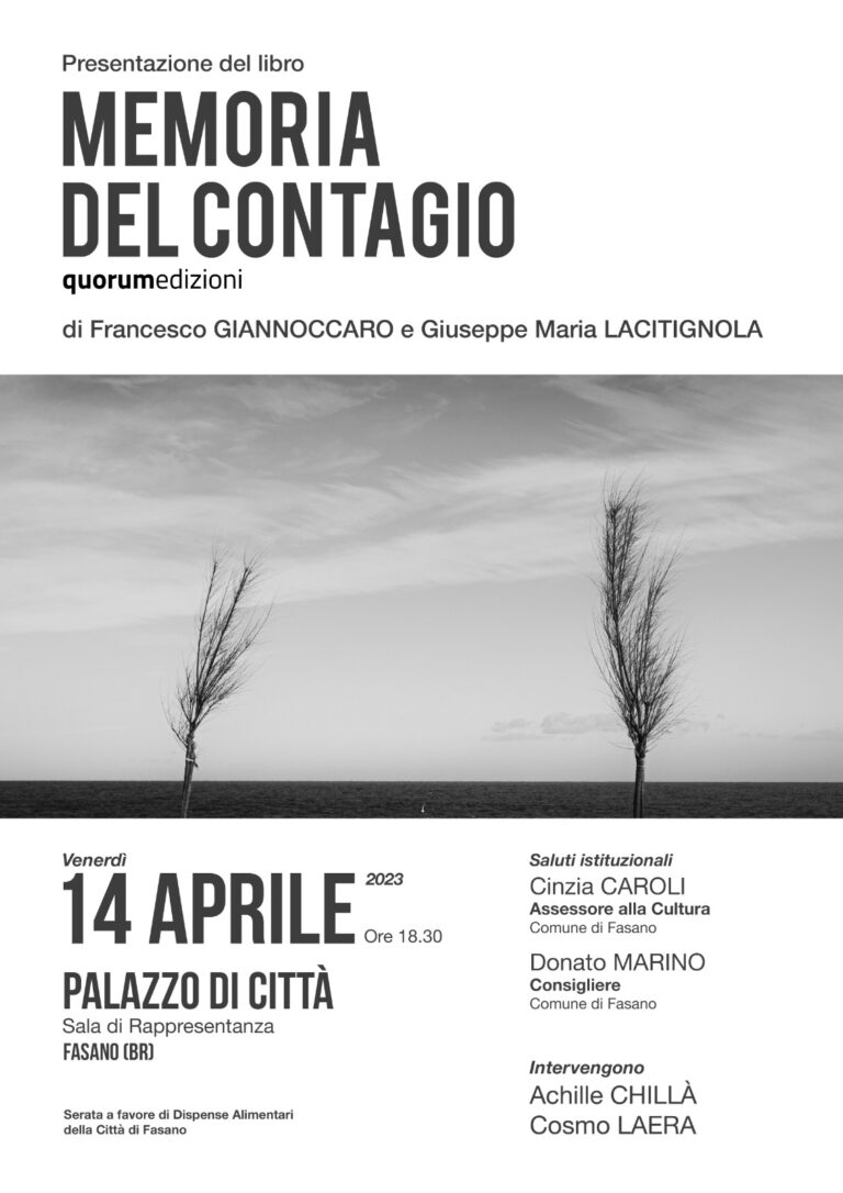 Tra cultura e solidarietà si presenta il libro «Memoria del Contagio» Tra cultura e solidarietà si presenta il libro «Memoria del Contagio» - Osservatorio Fasano