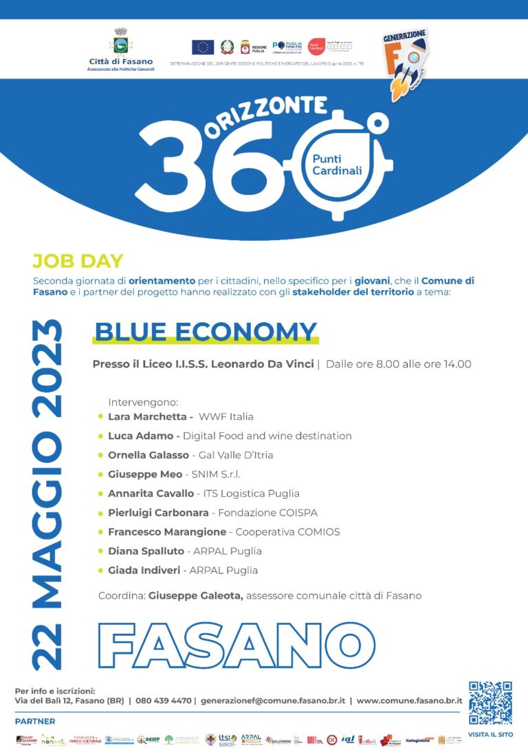 Politiche giovanili, «Orizzonte 360°» il 22 maggio il secondo job day: la Blue Economy Politiche giovanili, «Orizzonte 360°» il 22 maggio il secondo job day: la Blue Economy - Osservatorio Fasano