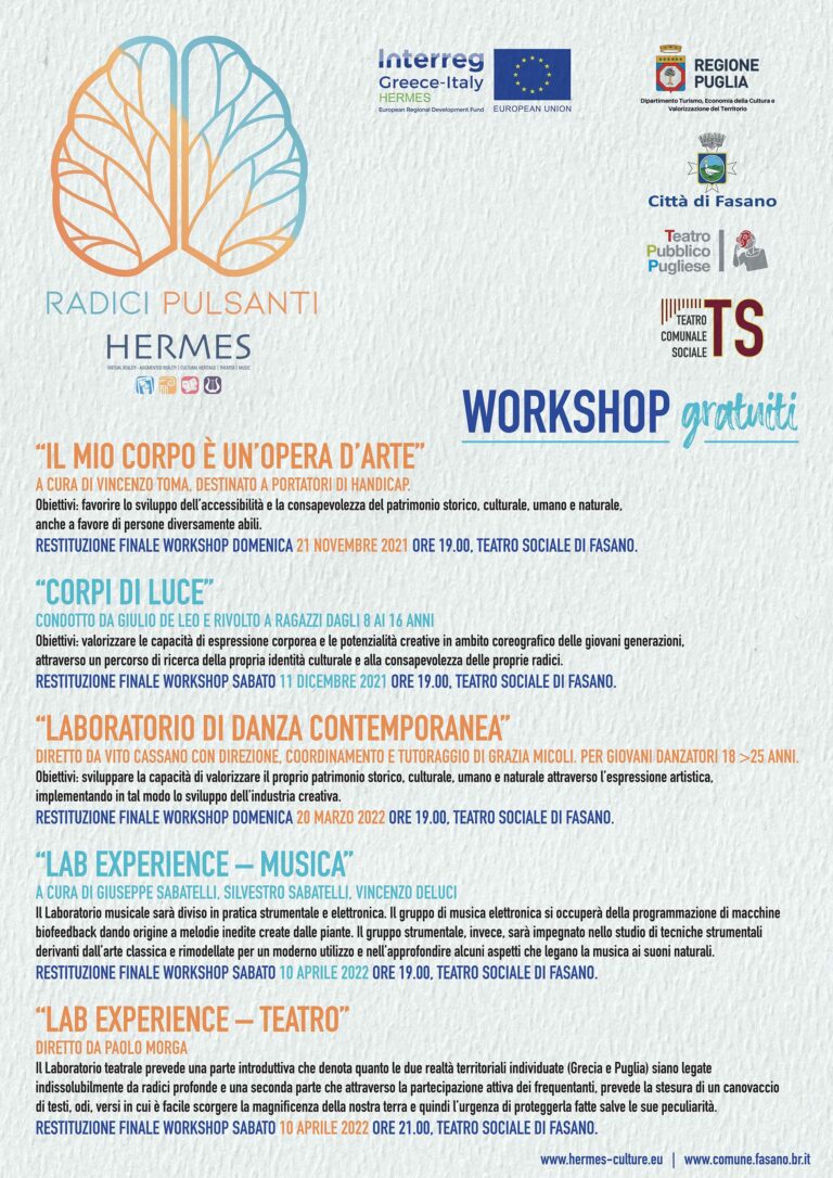 Progetto Hermes: Radici Pulsanti, 5 workshop gratuiti per promuovere e potenziare l’identità socio-culturale territoriale - Osservatorio Fasano