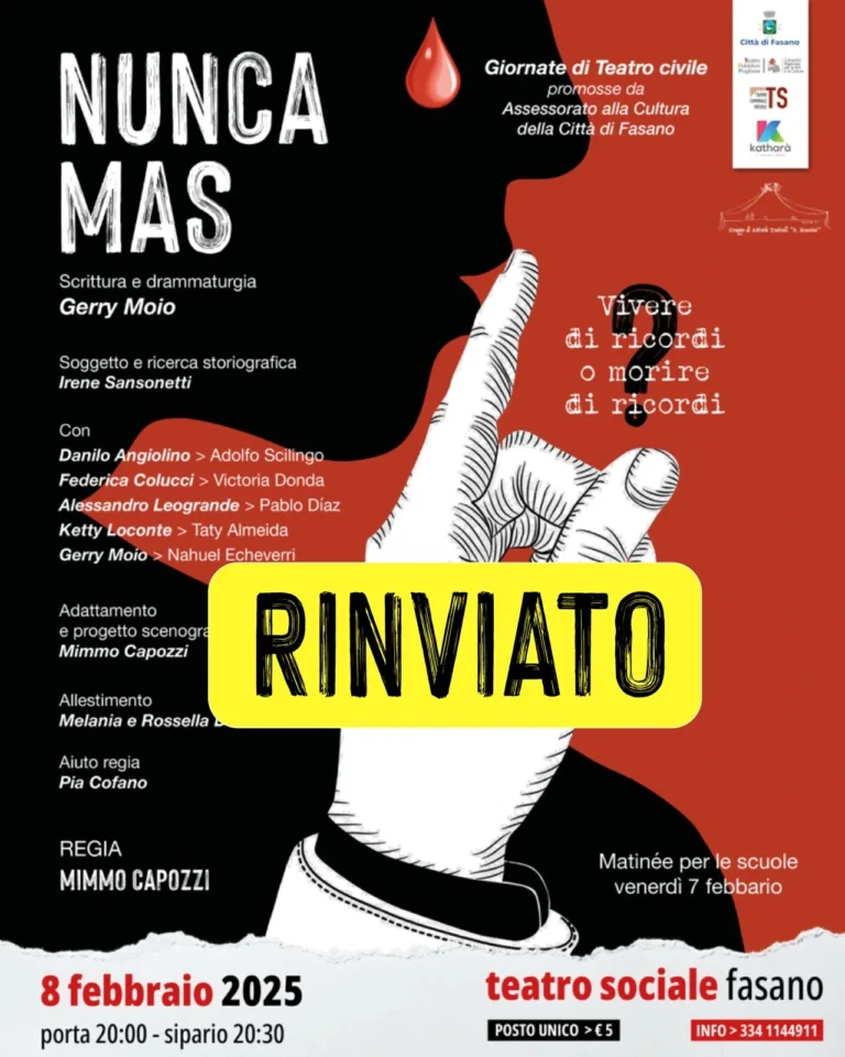 Annullate le repliche dello spettacolo “Nunca Mas” del 7 e 8 febbraio - Osservatorio Fasano