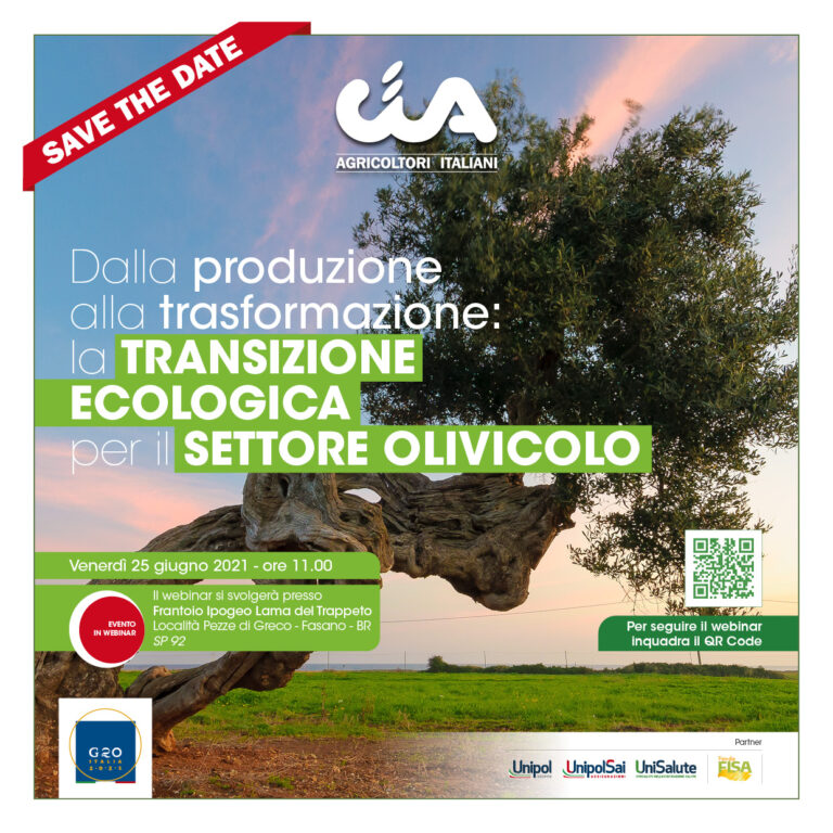 La transizione ecologica per il settore olivicolo. Oggi, 25 giugno evento Cia La transizione ecologica per il settore olivicolo. Oggi, 25 giugno evento Cia - Osservatorio Fasano
