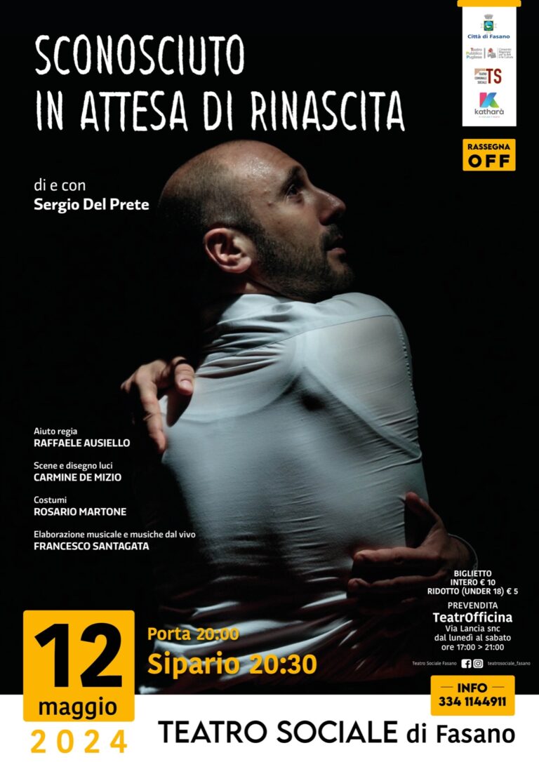 “Sconosciuto. In attesa di rinascita”, al Teatro Sociale è il monologo di Sergio Del Prete a chiudere la rassegna di Teatro OFF “Sconosciuto. In attesa di rinascita”, al Teatro Sociale è il monologo di Sergio Del Prete a chiudere la rassegna di Teatro OFF - Osservatorio Fasano