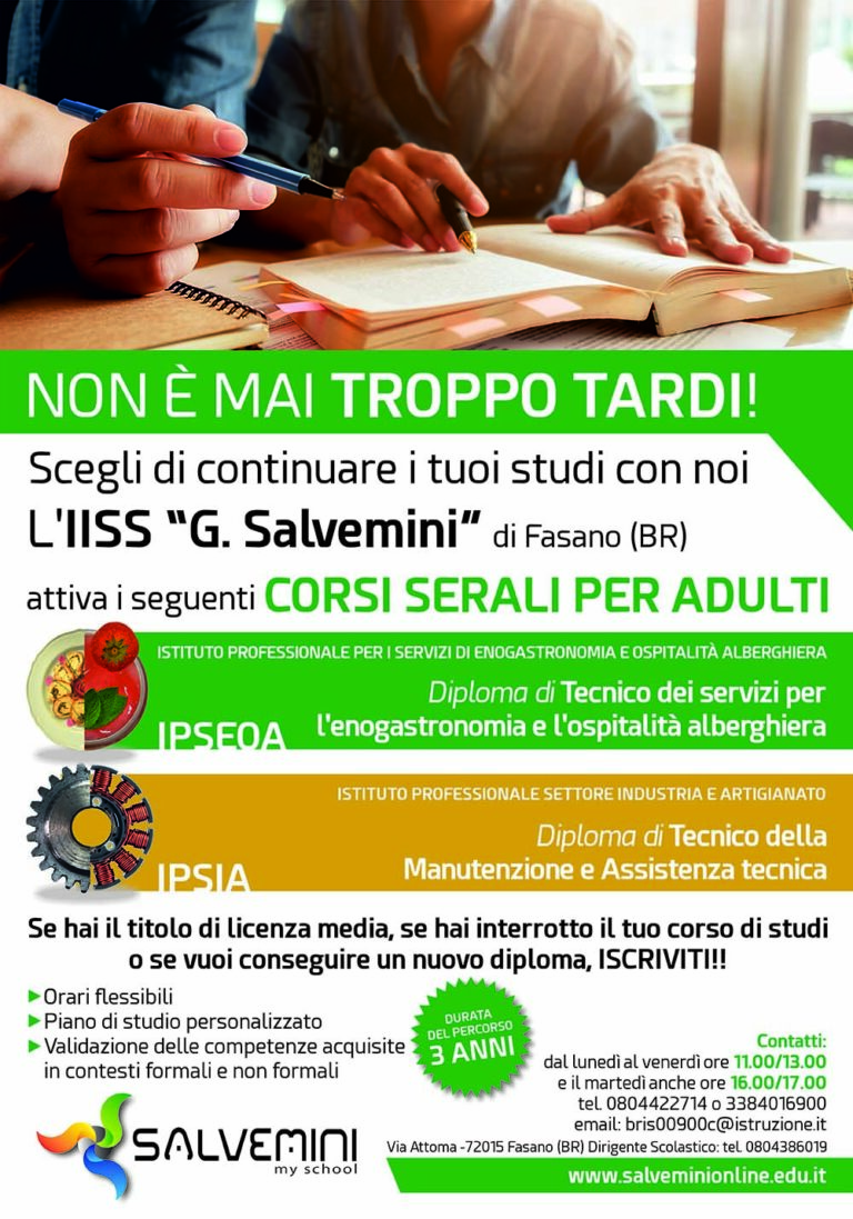 Salvemini: Non è mai troppo tardi!!! Scegli di continuare gli studi con noi - Osservatorio Fasano