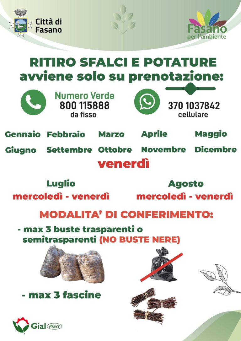 Sfalci e potature, ecco le modalità di ritiro Sfalci e potature, ecco le modalità di ritiro - Osservatorio Fasano