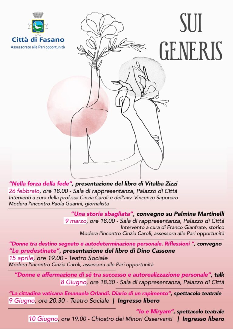 «Sui Generis», sei appuntamenti da febbraio a giugno per riflettere su donne e pari opportunità «Sui Generis», sei appuntamenti da febbraio a giugno per riflettere su donne e pari opportunità - Osservatorio Fasano