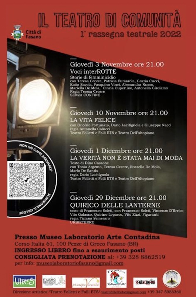 Al via la prima rassegna teatrale di Teatro di Comunità presso il Laboratorio Museo Arte Contadina di Pezze di Greco a Fasano Al via la prima rassegna teatrale di Teatro di Comunità presso il Laboratorio Museo Arte Contadina di Pezze di Greco a Fasano - Osservatorio Fasano