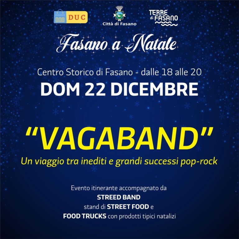 Natale a Fasano: domenica 22 la Vagaband e lo street food animeranno il centro storico Natale a Fasano: domenica 22 la Vagaband e lo street food animeranno il centro storico - Osservatorio Fasano