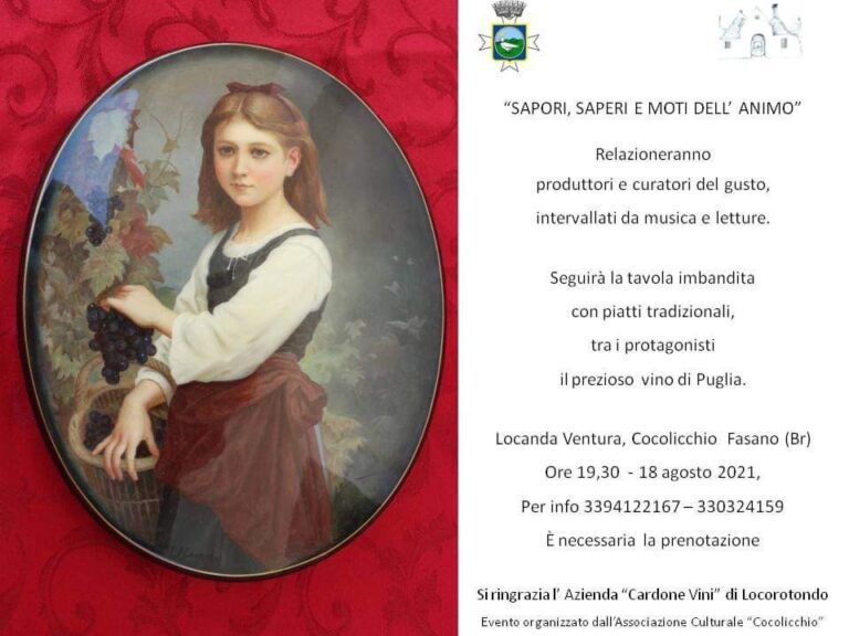 ‘Sapori, Saperi e moti dell’animo’ il 18 agosto a Cocolicchio 'Sapori, Saperi e moti dell'animo' il 18 agosto a Cocolicchio - Osservatorio Fasano