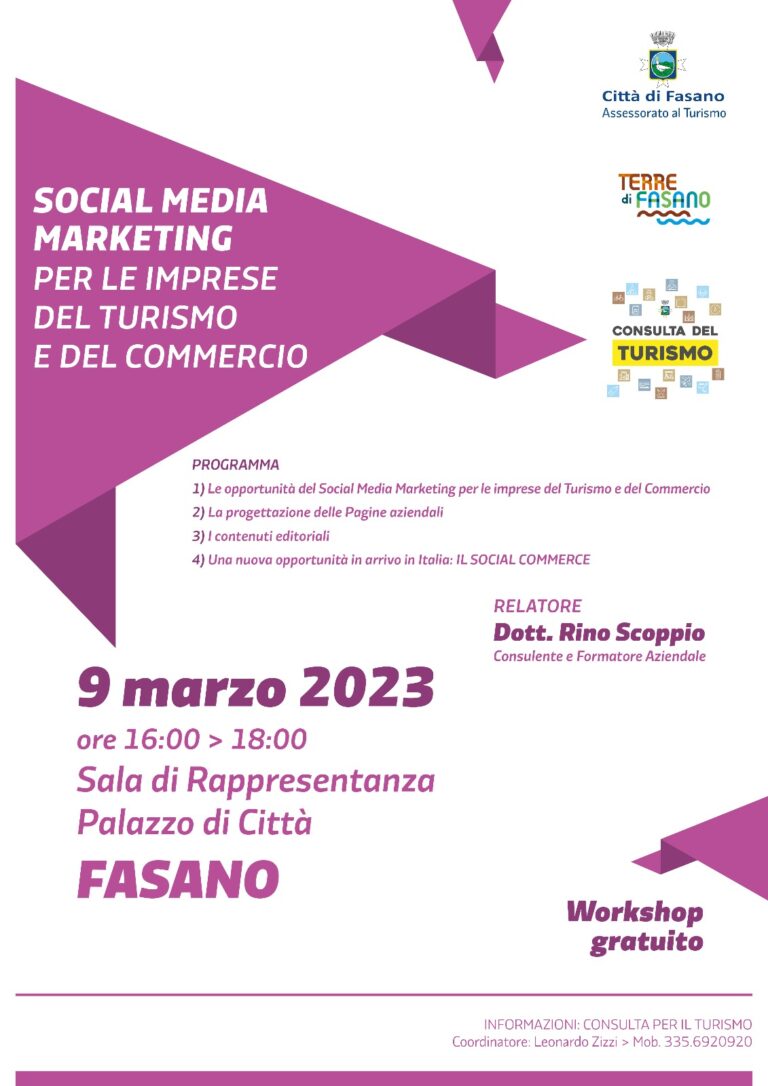 Turismo, workshop gratuito su social media marketing per le imprese del turismo e del commercio - Osservatorio Fasano