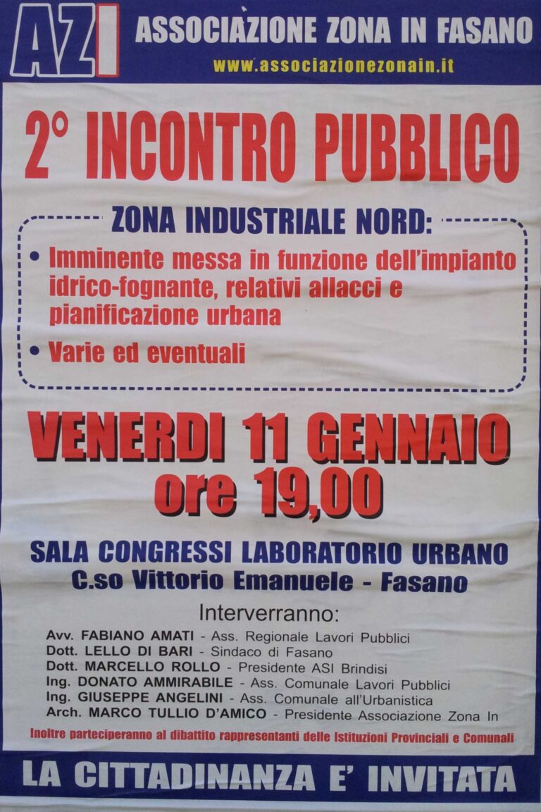 ‘Zona in’: un incontro pubblico per discutere dell’ampliamento della rete idrico-fognante 'Zona in': un incontro pubblico per discutere dell'ampliamento della rete idrico-fognante - Osservatorio Fasano