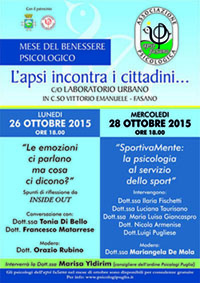 Incontri con gli psicologi dell’Apsi Fasano per il Mese del Benessere Psicologico Incontri con gli psicologi dell'Apsi Fasano per il Mese del Benessere Psicologico - Osservatorio Fasano