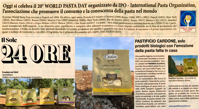 Il Pastificio Cardone scelto da ‘Il Sole 24 ore’ per celebrare la Giornata Mondiale della Pasta Il Pastificio Cardone scelto da 'Il Sole 24 ore' per celebrare la Giornata Mondiale della Pasta - Osservatorio Fasano