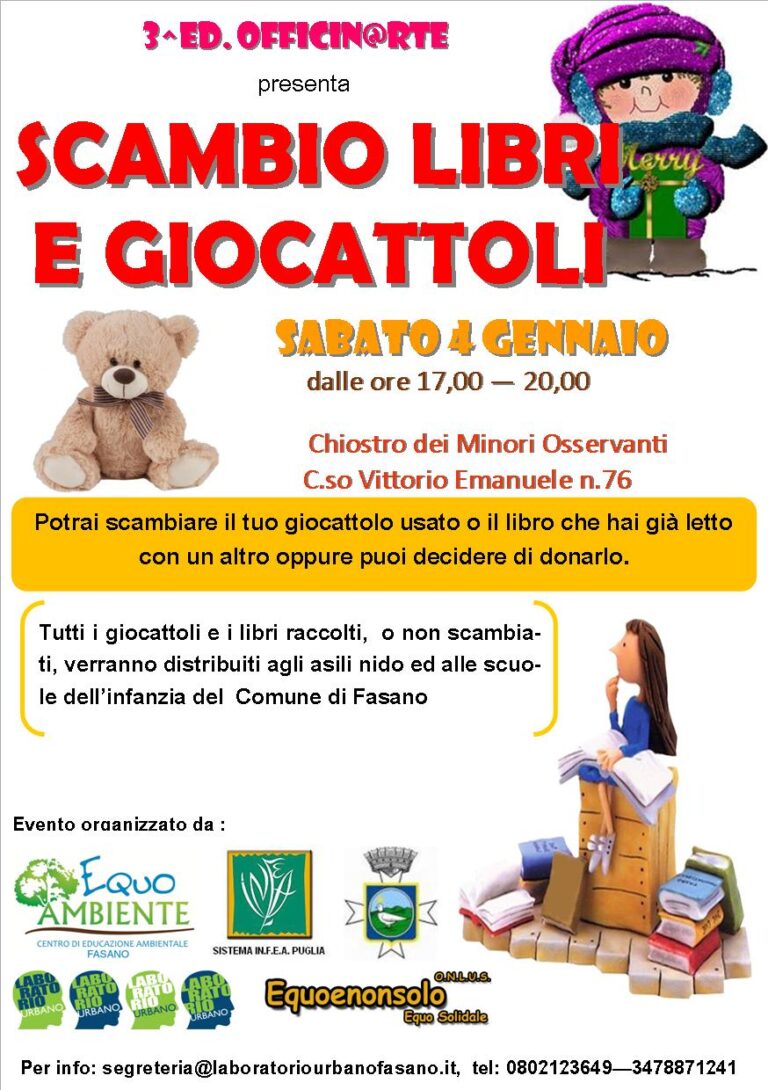 Scambio di libri e giocattoli al Laboratorio Urbano di Fasano Scambio di libri e giocattoli al Laboratorio Urbano di Fasano - Osservatorio Fasano
