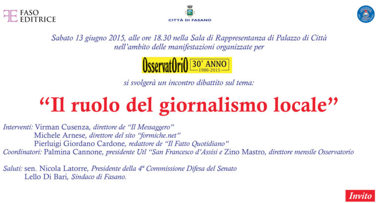 Trentennale Osservatorio: convegno sul ruolo del giornalismo locale Trentennale Osservatorio: convegno sul ruolo del giornalismo locale - Osservatorio Fasano
