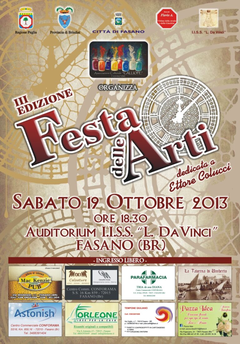 L’associazione Calliope propone la terza edizione della ‘Festa delle Arti’ L'associazione Calliope propone la terza edizione della 'Festa delle Arti' - Osservatorio Fasano