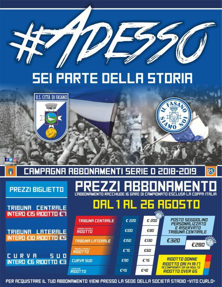 Aperta la campagna abbonamenti U.S. Fasano 2018-19 Aperta la campagna abbonamenti U.S. Fasano 2018-19 - Osservatorio Fasano