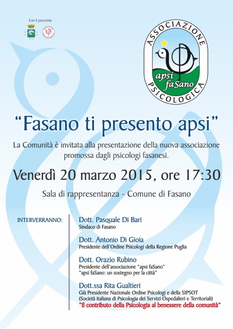 Nasce a Fasano l’associazione di psicologi ‘Apsi’ Nasce a Fasano l'associazione di psicologi 'Apsi' - Osservatorio Fasano