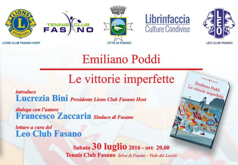 Emiliano Poddi presenterà alla Selva di Fasano il libro ‘Le vittorie imperfette’ Emiliano Poddi presenterà alla Selva di Fasano il libro 'Le vittorie imperfette' - Osservatorio Fasano