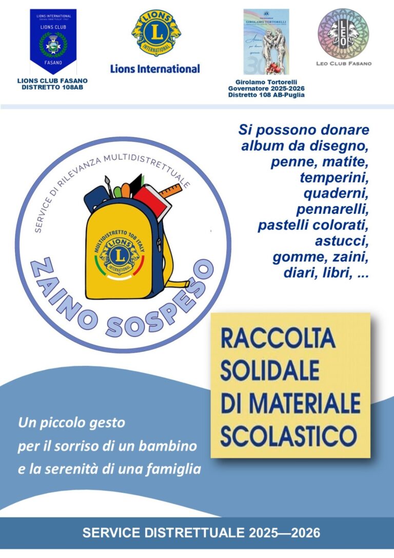 Il Lions Club ed il Leo Club di Fasano sostengono il progetto “Zaino sospeso” - Osservatorio Fasano