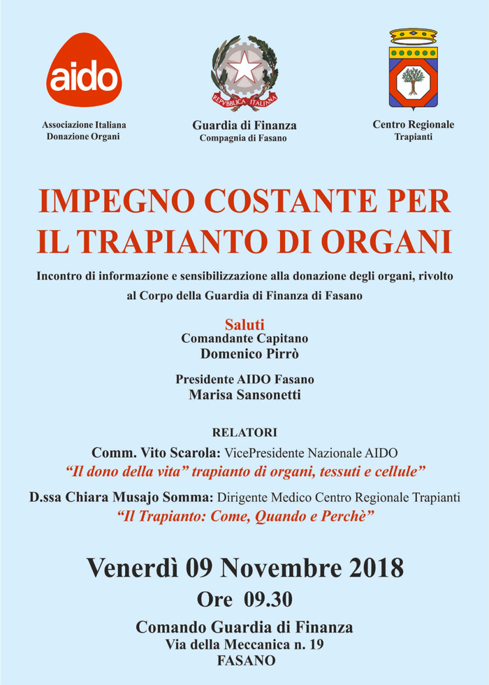 Aido Fasano e Guardia di Finanza insieme per il trapianto Aido Fasano e Guardia di Finanza insieme per il trapianto - Osservatorio Fasano