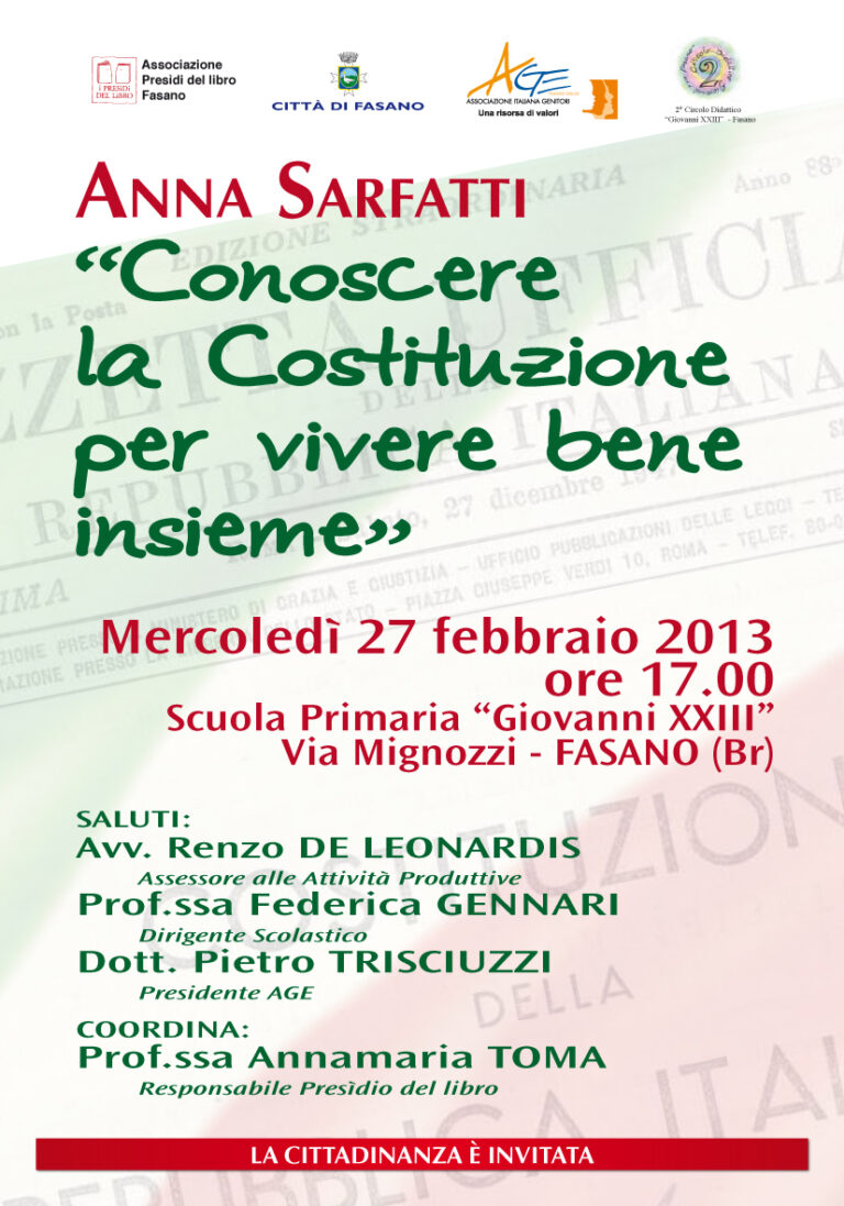 Conoscere la Costituzione per vivere bene insieme: incontro con la scrittrice Anna Sarfatti - Osservatorio Fasano