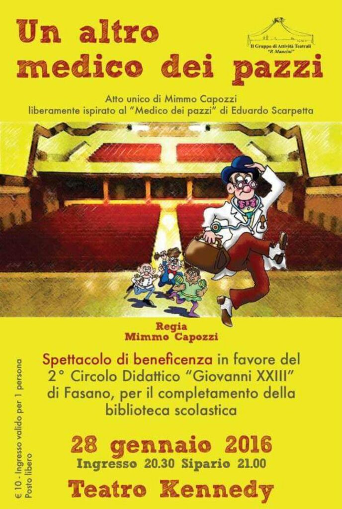 Spettacolo benefico per il 2° Circolo didattico: va in scena ‘Un altro medico dei pazzi’ Spettacolo benefico per il 2° Circolo didattico: va in scena 'Un altro medico dei pazzi' - Osservatorio Fasano