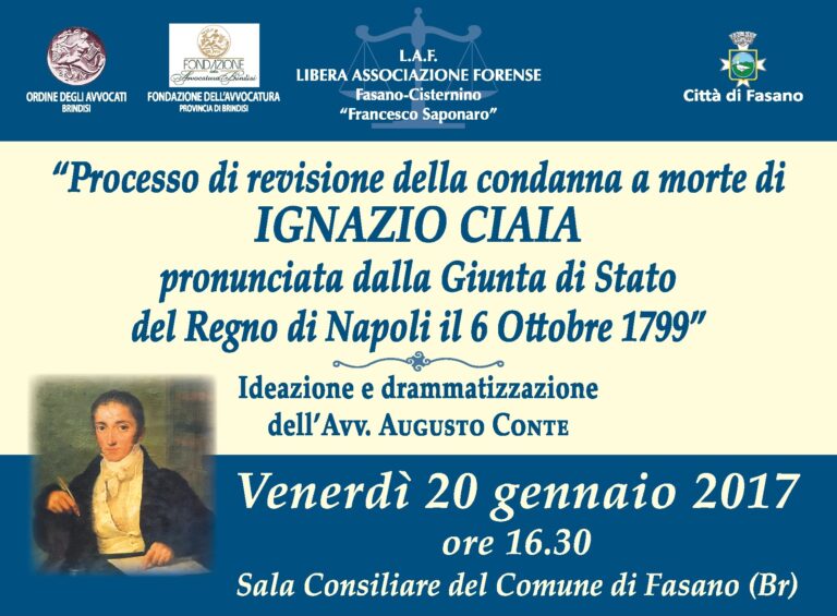Avvocati rivedono il processo ad Ignazio Ciaia a Fasano Avvocati rivedono il processo ad Ignazio Ciaia a Fasano - Osservatorio Fasano
