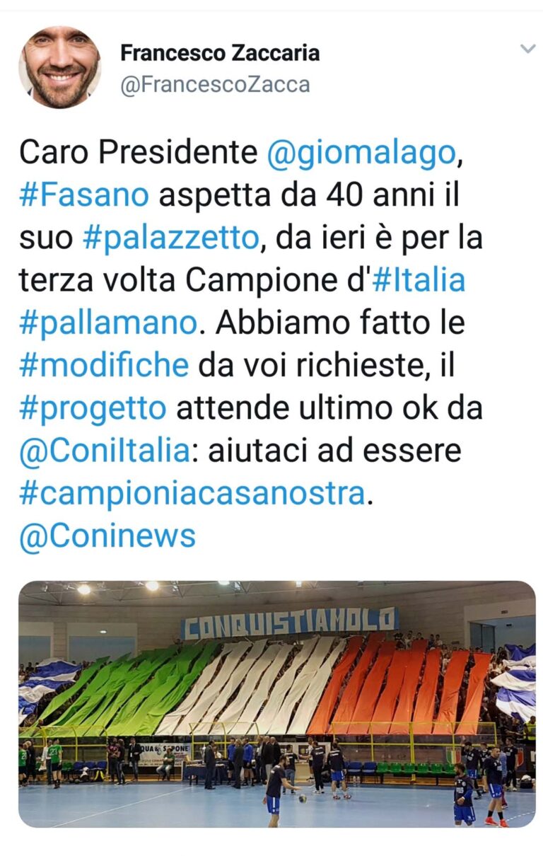 Il Sindaco Zaccaria dopo lo scudetto della Junior twitta sul palazzetto - Osservatorio Fasano
