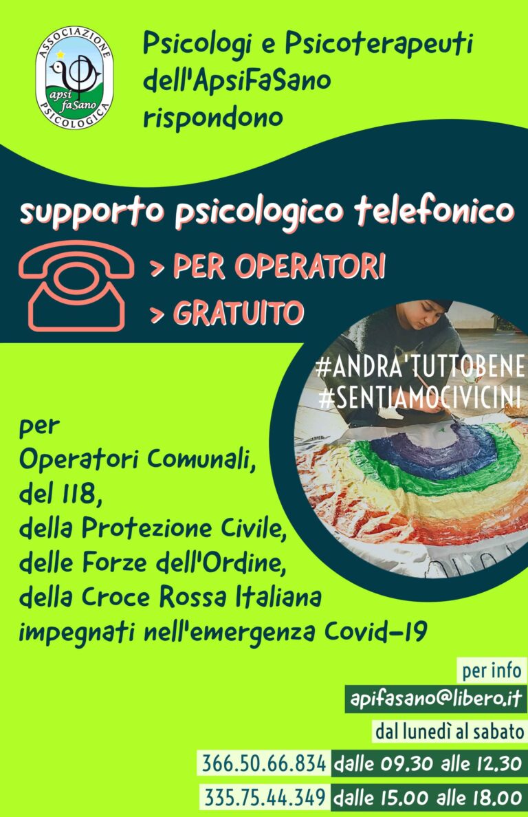 Sportello psicologico telefonico Apsifasano Sportello psicologico telefonico Apsifasano - Osservatorio Fasano