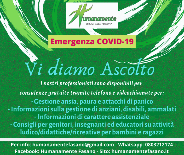 L’associazione Humanamente apre uno sportello di ascolto virtuale L'associazione Humanamente apre uno sportello di ascolto virtuale - Osservatorio Fasano