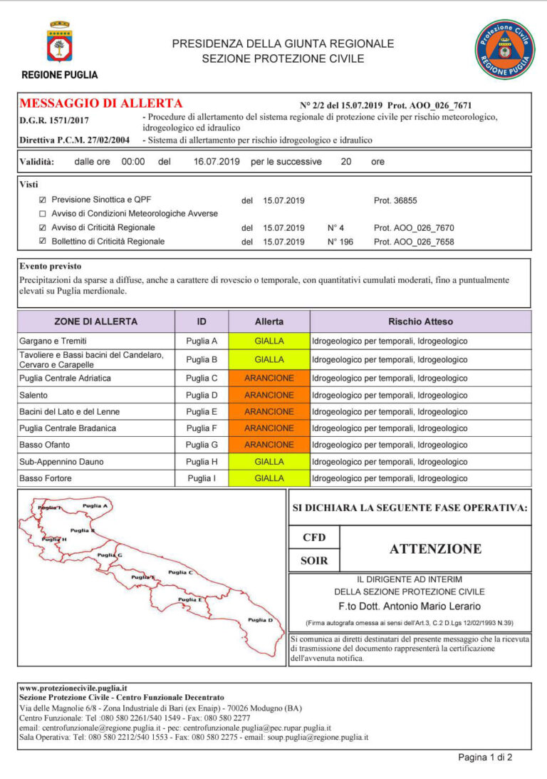 Pericolo pioggia: allerta arancione Pericolo pioggia: allerta arancione - Osservatorio Fasano