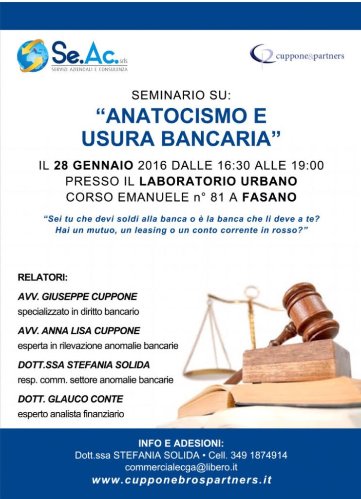 Seminario su anatocismo e usura bancaria al Laboratorio Urbano di Fasano - Osservatorio Fasano