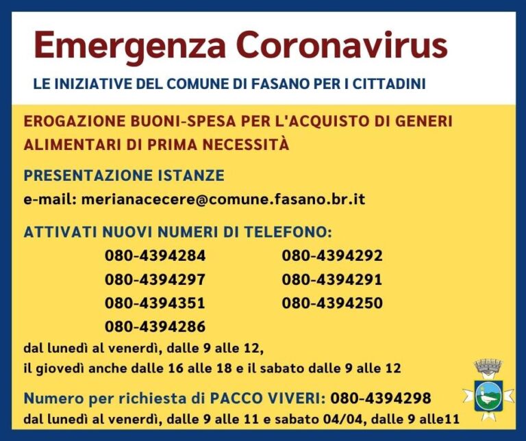 Zaccaria: attivate altre utenze telefoniche per la richiesta dei Buoni Spesa Zaccaria: attivate altre utenze telefoniche per la richiesta dei Buoni Spesa - Osservatorio Fasano